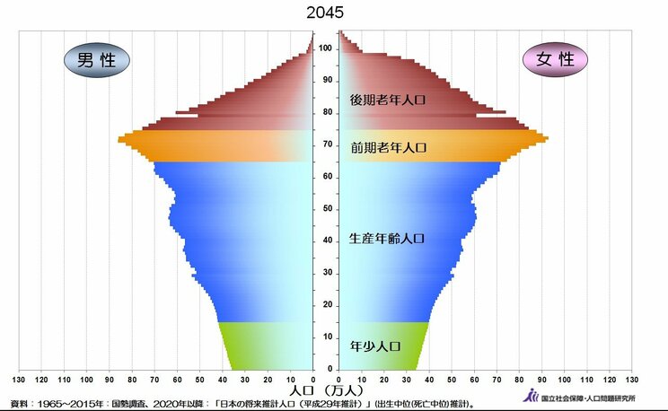 20年後の人口ピラミッド。今の制度では持続不可能であることが分かる（国立社会保障・人口問題研究所HPより）