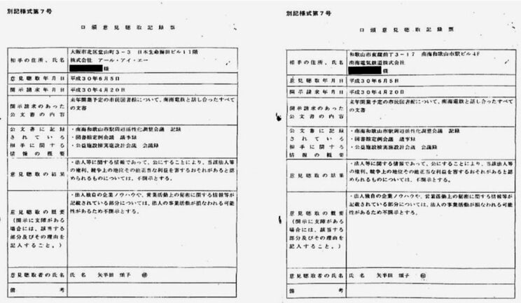 【画像2】和歌山市がアール・アイ・エー（RIA）と南海電鉄に確認したことを示す「口頭意見聴取記録票」。「意見聴取の結果」の部分には同じ文言が書かれている。『「黒塗り公文書」の闇を暴く』より