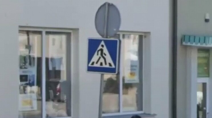 横断歩道の側にあった青い道路標識。一見すると何の変哲もないデザインだが、GeoGuessrプレイヤーにとっては情報の宝庫である。