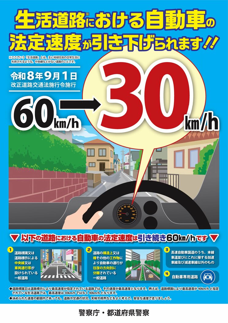 生活道路における法定速度の引き下げを告知するポスター（出典／警察庁ホームページ）