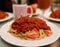 肉感たっぷりのミートソーススパゲッティ（写真／王城提供）