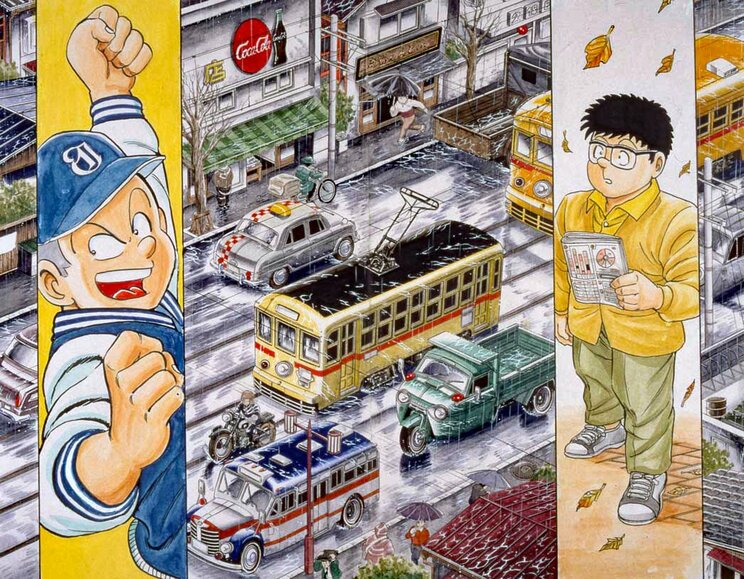 「親愛なる兄貴への巻」（ジャンプ・コミックス第92巻収録）より。両さんが子どもの頃は、都内各所を都電が走り回っていた。右下に描かれた「オート三輪」をめぐるお話は、7月27日からお届けするぞ！