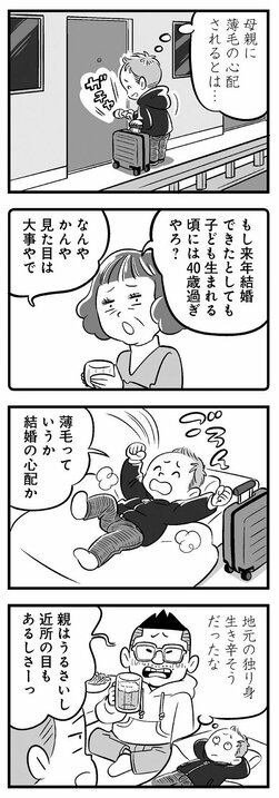 【漫画】「これから奥さん探すにしても髪の毛はないよりあったほうがええんちゃう？」久々の帰省で母親に結婚と薄毛の心配をされるアラフォーの悲哀_6