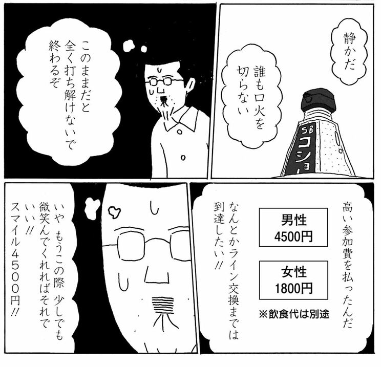 とある「街コン型婚活パーティ」の参加費（漫画『独りで死ぬのはイヤだ 年収200万円、48歳独身漫画家の婚活記』より）