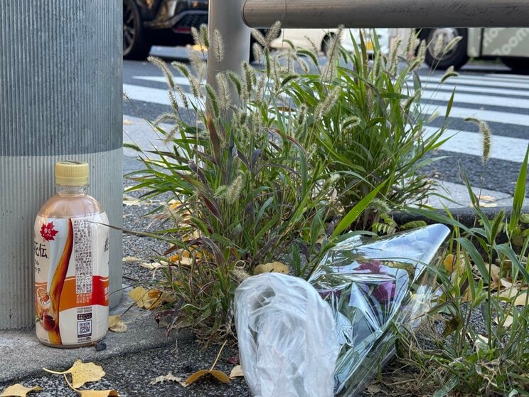 現場に供えられた花と飲み物（撮影／集英社オンライン）