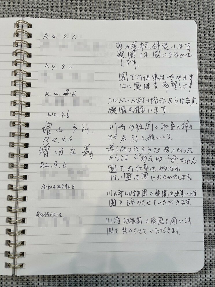 河本さんが幼稚園関係者に書かせた念書。みなが退職や廃園を願う旨を書くなか、増田園長のみ、どこか他人事な言葉を記している