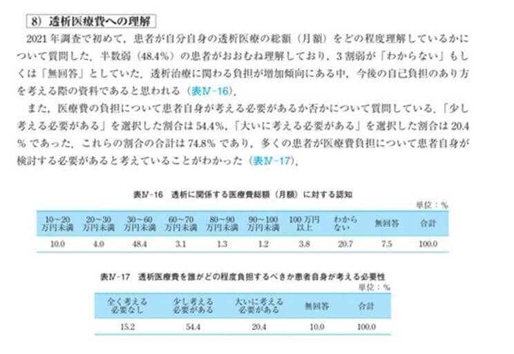 2022年9月2日に公開されたこの報告書内では、透析を行う医療機関までの通院交通費や自宅透析にかかる費用の大きさ、透析時間の長さなど、患者負担のさまざまな問題や課題が紹介されている。分析対象患者は7461人(男性66.2パーセント,女性33.8パーセント)。