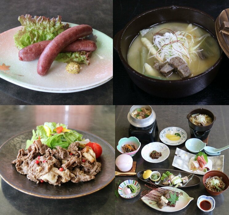 左上から時計回りに「くまソーセージ」「くま鍋」「くま御膳」「くま焼肉」。ブナの里白神館で提供されている（写真／一般財団法人ブナの里白神公社提供）