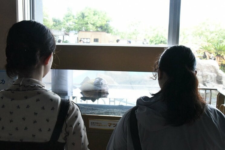 「私たち、何を見せられているの…？」と言いたげな女性客2人組とマツケン水槽