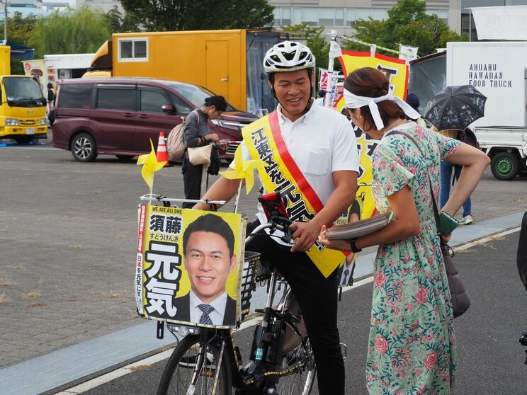 24年9月、有明のワクチン反対集会に自転車で現れた須藤氏（撮影／黒猫ドラネコ）
