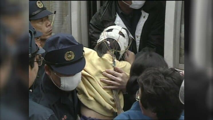 警察官に抱き上げらえたオウムの子。ヘッドギアを着用していた（画像提供／NHK）