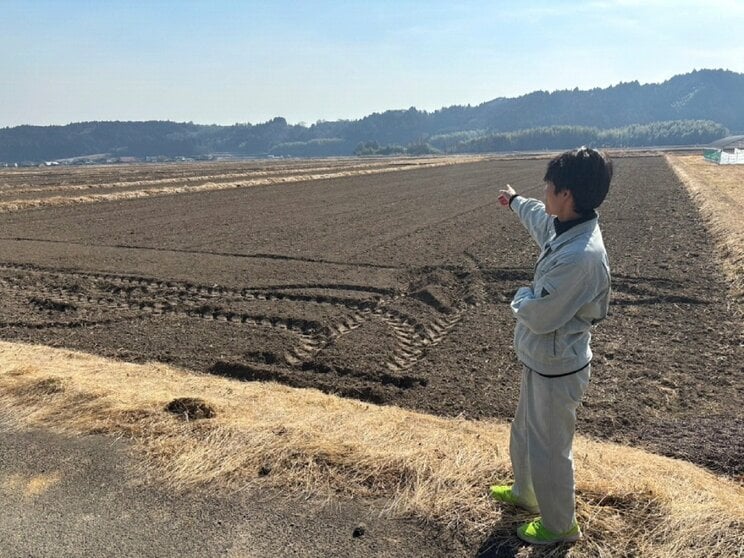 田んぼをみつめる岡田さん（撮影/集英社オンライン）