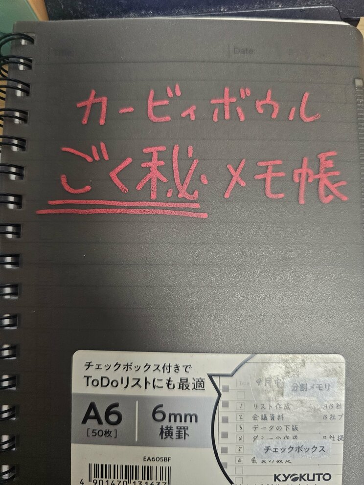 自作のチャート（攻略手順）がまとめられた手書きの研究ノート。「ごく秘」とあるが、今回、特別に中身を見せてもらえた。