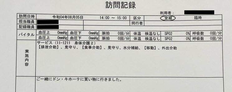 一緒に買い物をしたことにすると、給付金が多めにつく(『実録ルポ 介護の裏側』より出典)