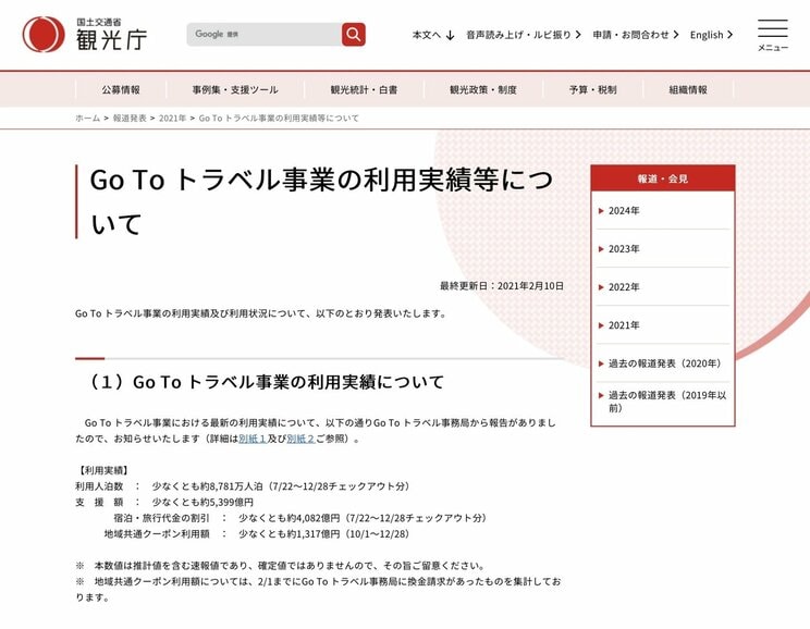 観光庁が発表している「Go To トラベル事業の利用実績等について」。利用人泊数は「少なくとも約8,781万人泊（7/22～12/28チェックアウト分）」とされている