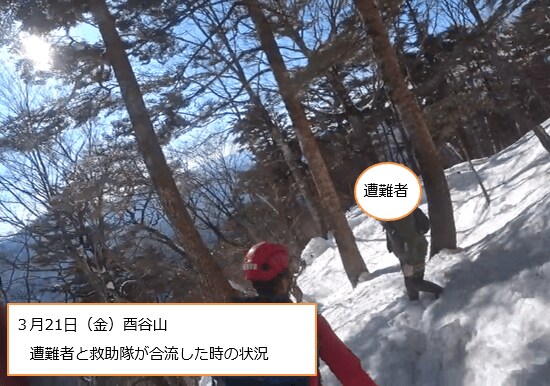 遭難者と救助隊が合流したときの様子（埼玉県警察本部地域部地域総務課Xより）