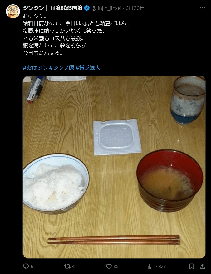 勉強の片手間でのアルバイトなので、なかなか厳しい生活を強いられる。給料日前はご覧の貧乏メシだ