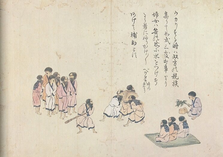 『秦檍麿自筆 蝦夷島奇観』(雄峰社、1982年)より「ウカリ稽古図」。こちらはウカㇻの本番の様子