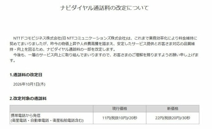 値上げを告知する文書（画像／NTTドコモビジネス公式HPより）