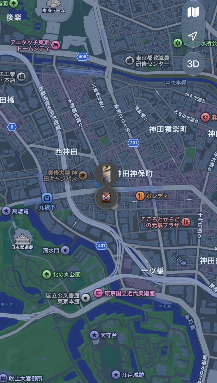 「探す」のアプリ画面。iPhoneだけでなく、AppleWatchなどの位置も分かる