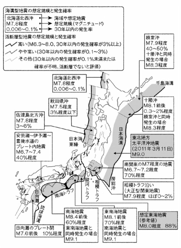 図2：日本列島で想定されている大型の地震。政府の地震調査委員会の資料を元に筆者作成。『「地震」と「火山」の国に暮らすあなたに贈る 大人のための地学の教室』より。イラスト：田渕正敏
