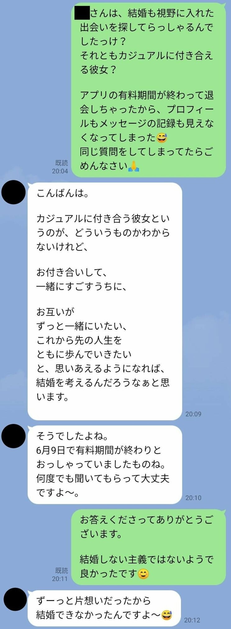 「ずーっと片想いだったから、結婚できなかったんですよ～」と佐藤がウソをついたLINE（写真／今野さん提供）