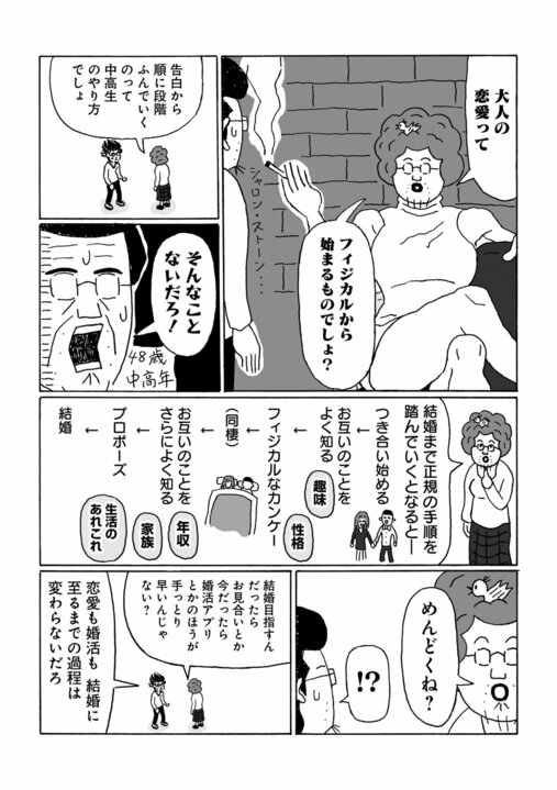 【漫画】「大人の恋愛ってフィジカルから始まるものでしょ？」告白から順に段階を踏むのは中高生…中高年の恋愛とは_5