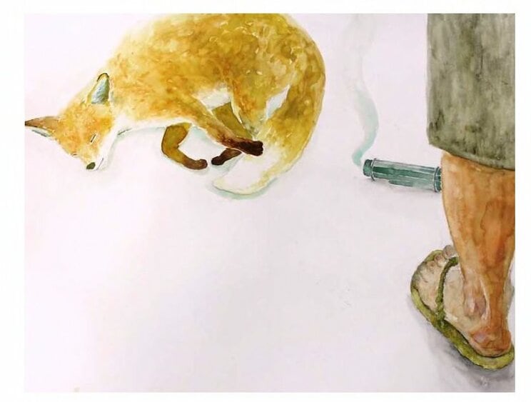 ごんが撃たれるラストシーン(『南吉オリジナル版ごんぎつね』作・新美南吉、絵・室田里香、制作・岩下修』)より