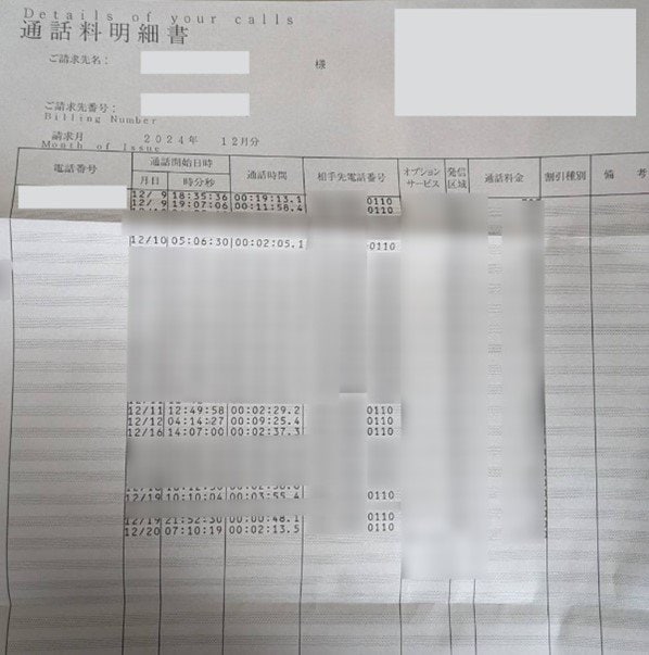 家族がとりよせた通話記録、何度も警察に電話をしていたが…（写真／親族提供）