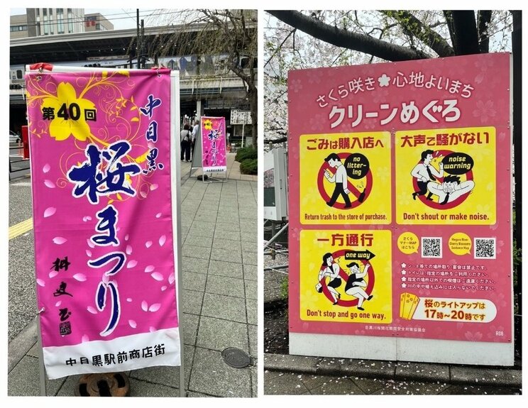 第40回を迎えた中目黒の桜まつり。一方通行や宴会禁止など、花見のマナーを周知させる看板も目立つ