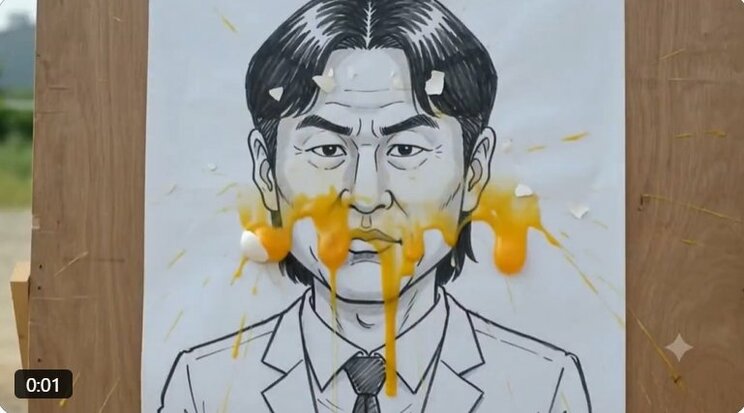 「韓国代表の帰国時に洪明甫監督へ投げつける卵を無料提供する」と主張する人物が、似顔絵に卵を投げつける映像のキャプチャー（X投稿より）