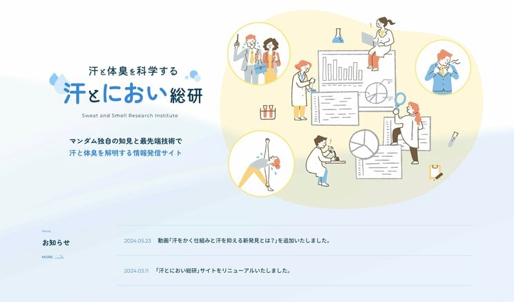 汗とにおいにまつわるマンダムの知見を集めた情報発信サイト「汗とにおい総研」。同社の最新研究をはじめ、専門家の見解やQ&Aなど、汗とニオイに関する情報がわかりやすく掲載されている