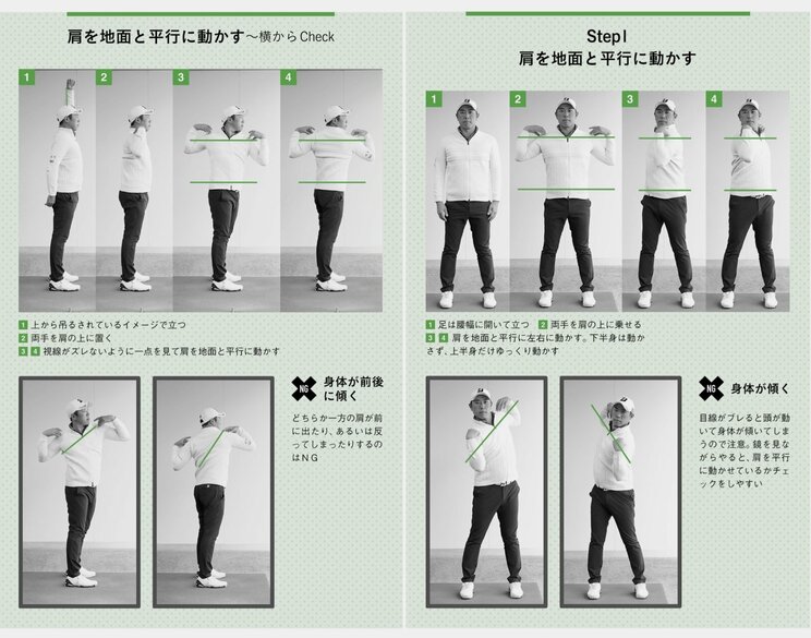 Step1 肩を地面と平行に動かす。『日本一“練習しない”プロが教える「科学的」ゴルフ上達法30』より