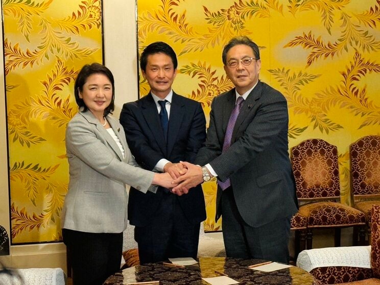 公明の竹谷とし子代表（写真左）、中道の小川淳也新代表（写真真ん中）、立憲民主の水岡俊一代表（写真／水岡俊一SNSより）