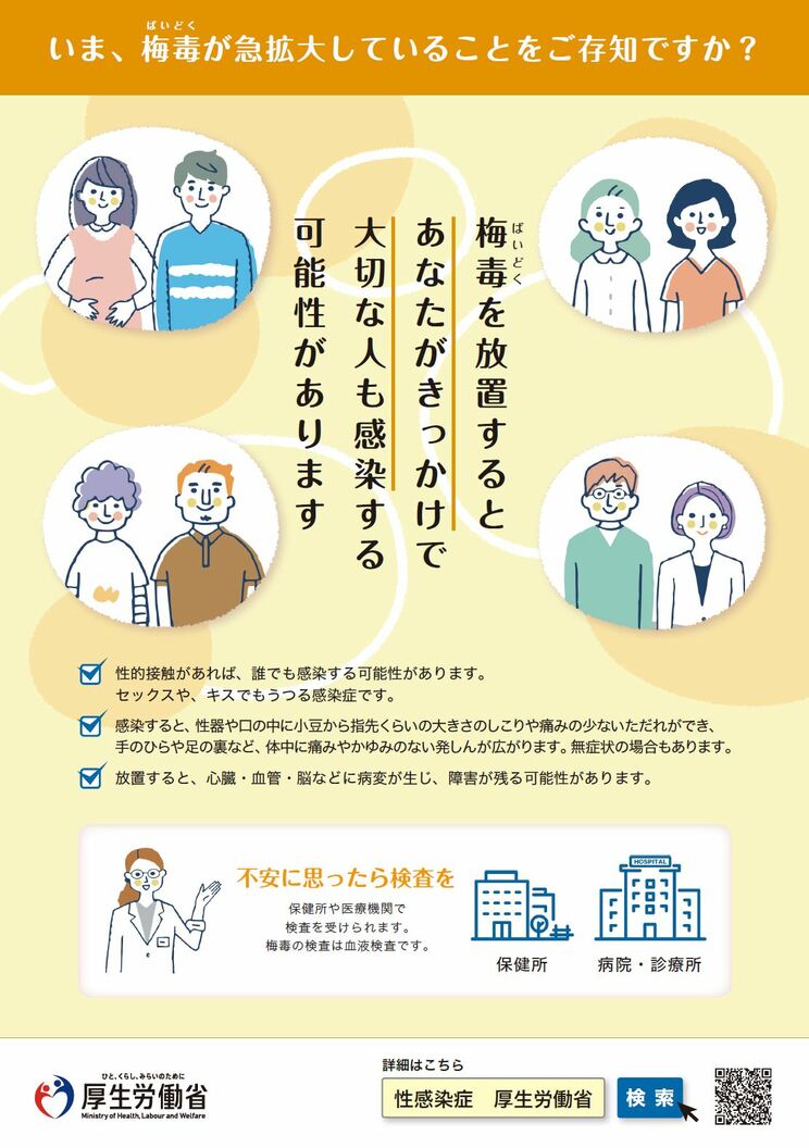 
「いま、梅毒が急拡大していることをご存知ですか？」（厚生労働省、2023年度）https://www.mhlw.go.jp/stf/seisakunitsuite/bunya/kenkou_iryou/kenkou/kekkaku-kansenshou/seikansenshou/index.html
