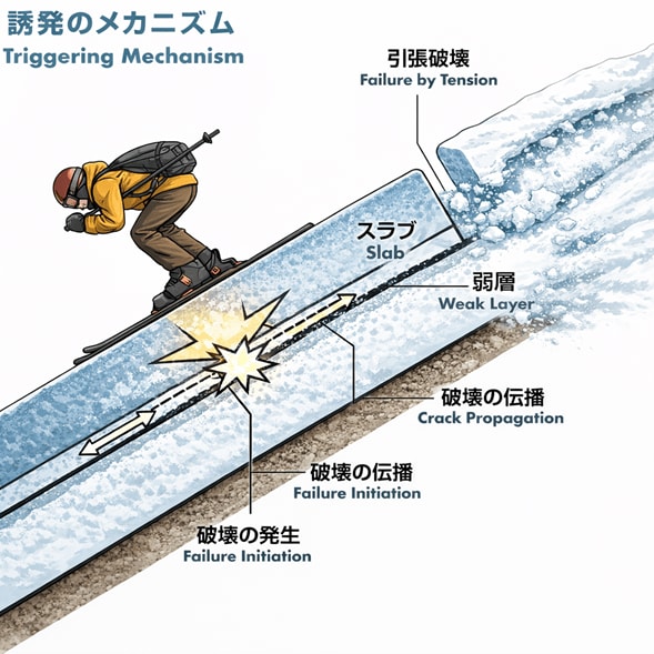 面発生雪崩誘発のメカニズム。人の刺激がスラブ（板状の雪）を通して弱層に届き、弱層の破壊が起こる。その破壊現象が弱層に沿って広がり、支えを失ったスラブが引張破壊を起こし、雪崩となって動き出す