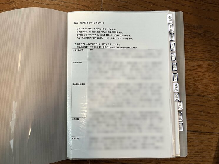 佐野さんが幼少期からの生育歴を思い出して書き記した『私の60年とライフエピソード』、その分厚いファイルの中身
