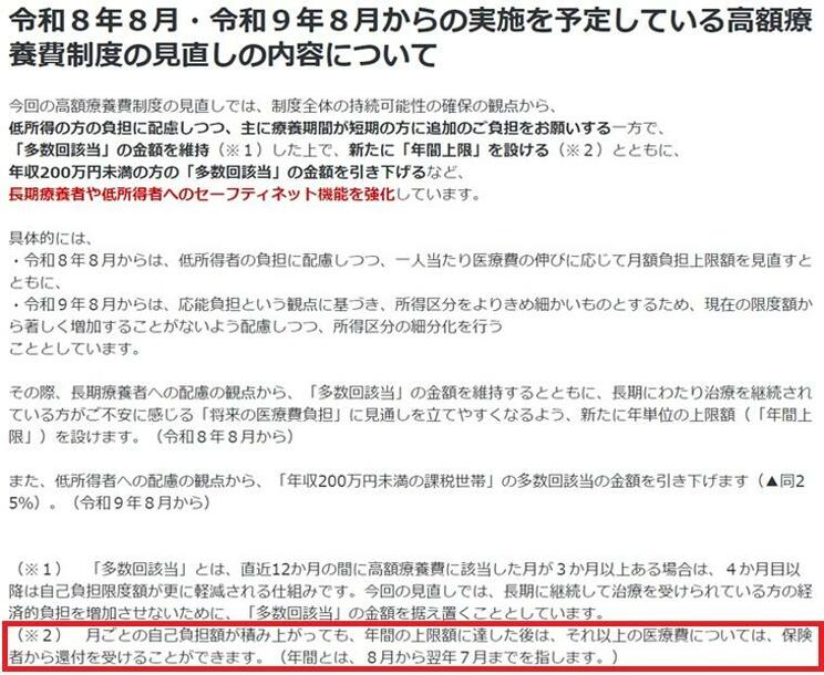 厚労省サイト内ページ『高額療養費制度を利用される皆さまへ』より。ここでは、年間上限の超過分は保険者からの償還払いになる旨が註記されている。赤枠の囲いは筆者による加工。
